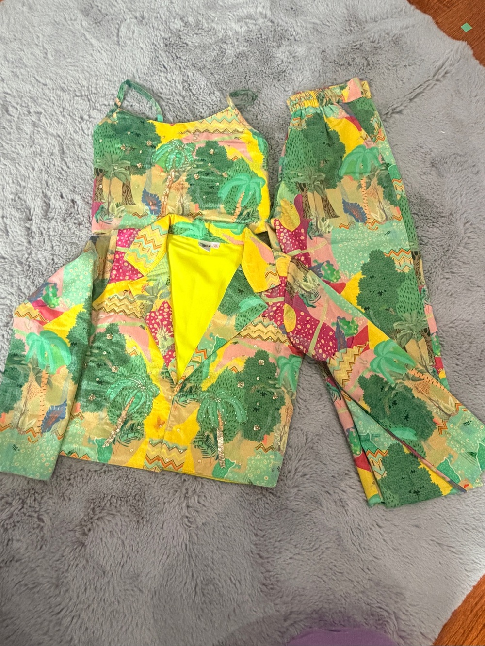 Tropical Print Three-Piece Set — Green & Yellow Women’s Pants and Crop Top